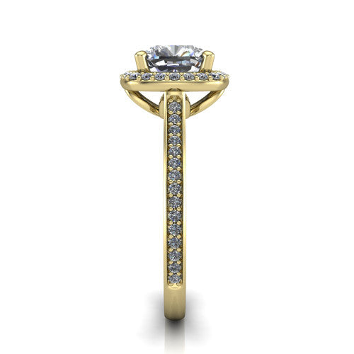 Delaney cushion halo engagement ring in 18K Yellow Gold, side profile showing the leaf basket and pave band