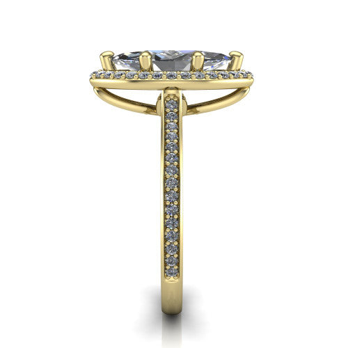 Delaney marquise halo engagement ring in 18K Yellow Gold, side profile showing the leaf basket and pave band