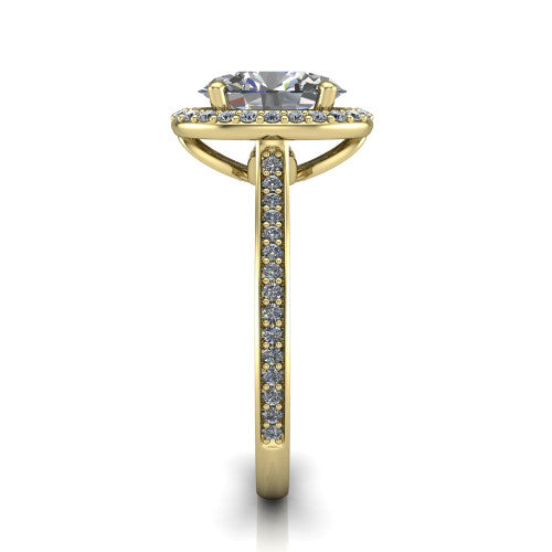 Delaney oval halo engagement ring in 18K Yellow Gold, side profile showing the leaf basket and pave band