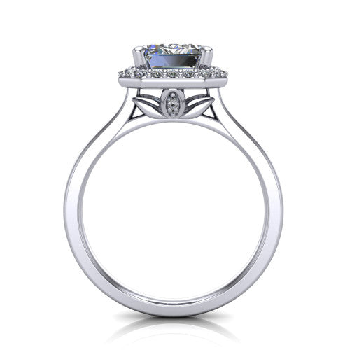 Delaney emerald halo engagement ring in 18K White Gold, through-finger front profile showing the leaf-inspired basket gallery