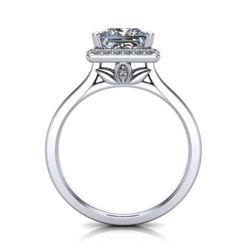 Delaney princess halo engagement ring in Platinum, through-finger front profile showing the leaf-inspired basket gallery