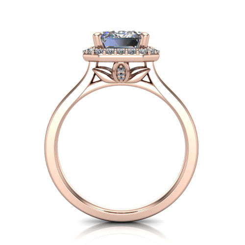 Delaney emerald halo engagement ring in 18K Rose Gold, through-finger front profile showing the leaf-inspired basket gallery