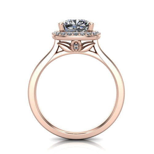 Delaney cushion halo engagement ring in 18K Rose Gold, through-finger front profile showing the leaf-inspired basket gallery