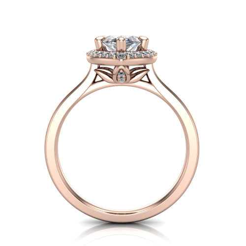 Delaney marquise halo engagement ring in 14K Rose Gold, through-finger front profile showing the leaf-inspired basket gallery