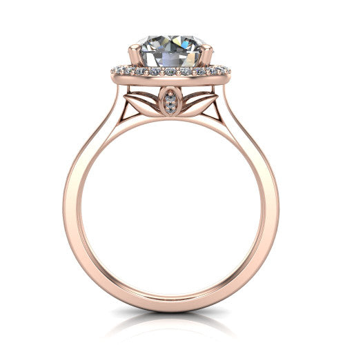 Delaney round halo engagement ring in 14K Rose Gold, through-finger front profile showing the leaf-inspired basket gallery