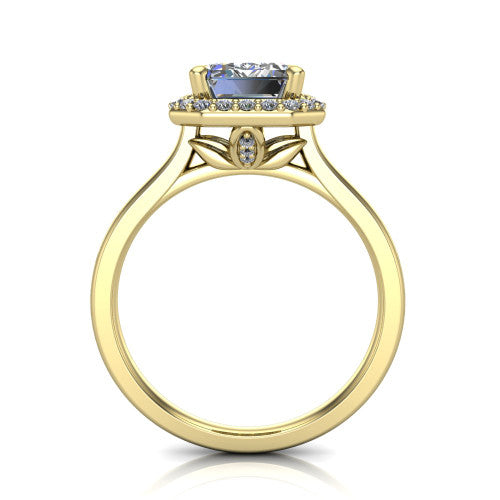 Delaney emerald halo engagement ring in 18K Yellow Gold, through-finger front profile showing the leaf-inspired basket gallery