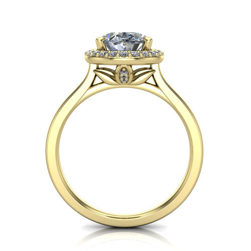 Delaney oval halo engagement ring in 14K Yellow Gold, through-finger front profile showing the leaf-inspired basket gallery