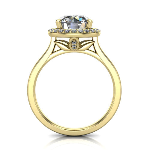 Delaney round halo engagement ring in 14K Yellow Gold, through-finger front profile showing the leaf-inspired basket gallery