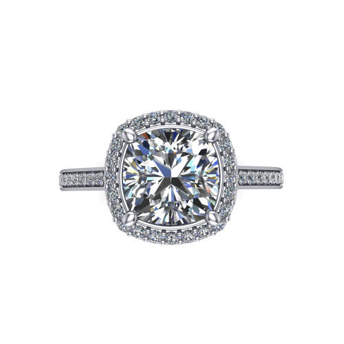 Delaney cushion halo engagement ring in Platinum, top-down view showing the cushion center diamond framed by a pave halo
