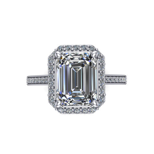 Delaney emerald halo engagement ring in Platinum, top-down view showing the emerald center diamond framed by a pave halo