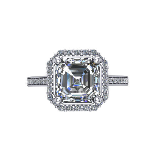 Delaney square emerald halo engagement ring in Platinum, top-down view showing the square emerald center diamond framed by a pave halo