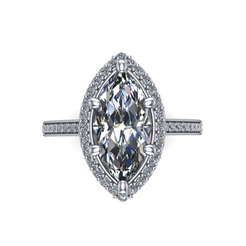 Delaney marquise halo engagement ring in 18K White Gold, top-down view showing the marquise center diamond framed by a pave halo