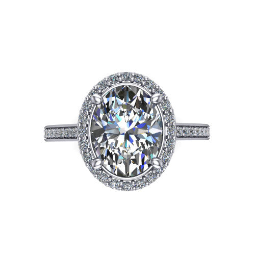 Delaney oval halo engagement ring in 18K White Gold, top-down view showing the oval center diamond framed by a pave halo