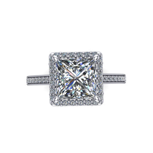 Delaney princess halo engagement ring in Platinum, top-down view showing the princess center diamond framed by a pave halo