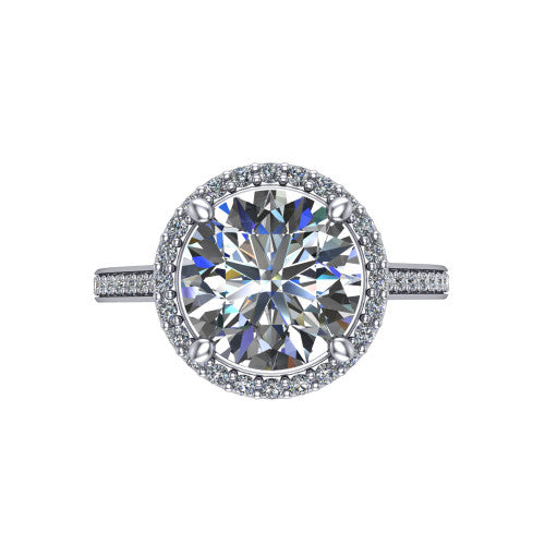 Delaney round halo engagement ring in Platinum, top-down view showing the round center diamond framed by a pave halo