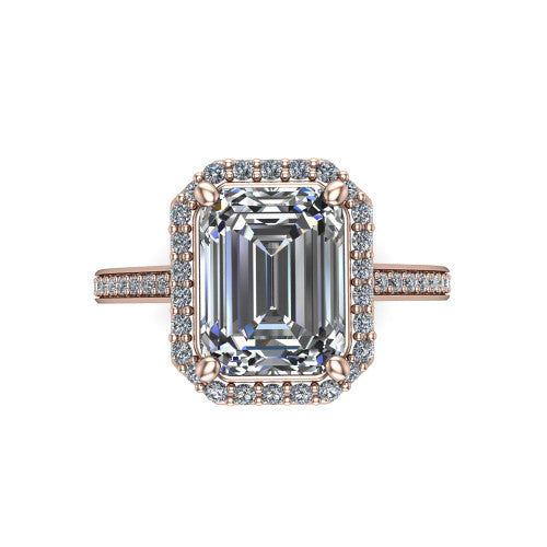 Delaney emerald halo engagement ring in 14K Rose Gold, top-down view showing the emerald center diamond framed by a pave halo