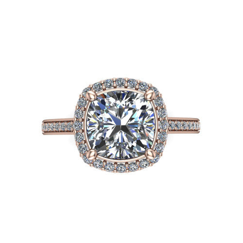 Delaney cushion halo engagement ring in 18K Rose Gold, top-down view showing the cushion center diamond framed by a pave halo