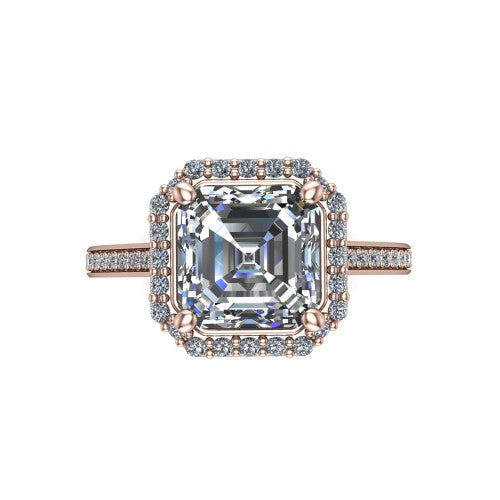 Delaney square emerald halo engagement ring in 14K Rose Gold, top-down view showing the square emerald center diamond framed by a pave halo