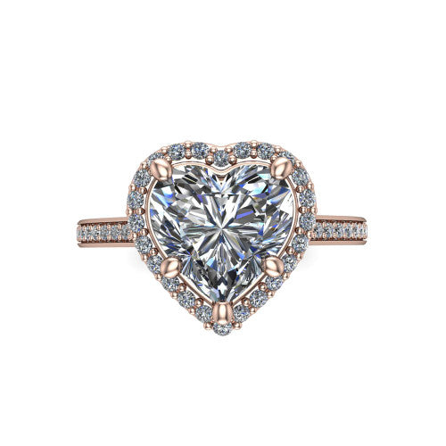 Delaney heart halo engagement ring in 14K Rose Gold, top-down view showing the heart center diamond framed by a pave halo