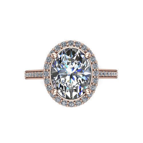 Delaney oval halo engagement ring in 14K Rose Gold, top-down view showing the oval center diamond framed by a pave halo