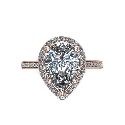 Delaney pear halo engagement ring in 14K Rose Gold, top-down view showing the pear center diamond framed by a pave halo