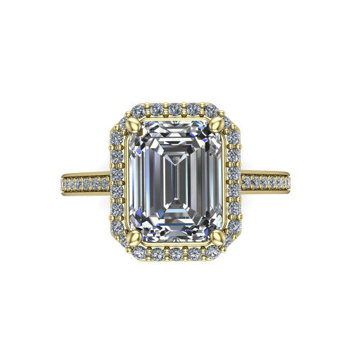 Delaney emerald halo engagement ring in 18K Yellow Gold, top-down view showing the emerald center diamond framed by a pave halo