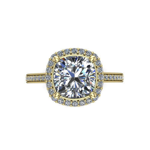 Delaney cushion halo engagement ring in 18K Yellow Gold, top-down view showing the cushion center diamond framed by a pave halo
