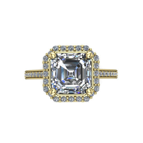 Delaney square emerald halo engagement ring in 18K Yellow Gold, top-down view showing the square emerald center diamond framed by a pave halo