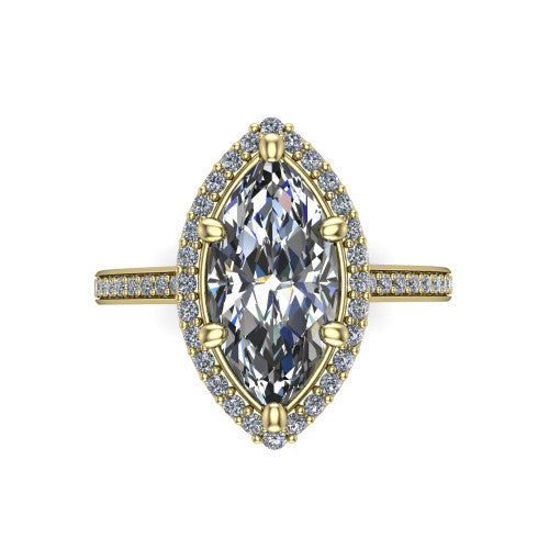 Delaney marquise halo engagement ring in 18K Yellow Gold, top-down view showing the marquise center diamond framed by a pave halo