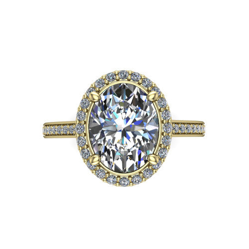 Delaney oval halo engagement ring in 18K Yellow Gold, top-down view showing the oval center diamond framed by a pave halo