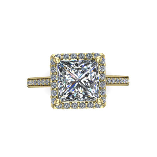 Delaney princess halo engagement ring in 14K Yellow Gold, top-down view showing the princess center diamond framed by a pave halo