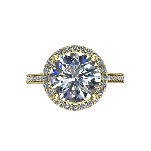Delaney round halo engagement ring in 18K Yellow Gold, top-down view showing the round center diamond framed by a pave halo