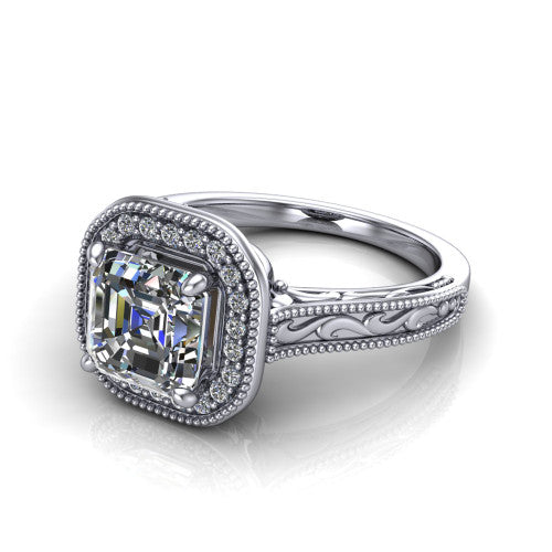 Octavia square emerald vintage halo engagement ring in Platinum, three-quarter perspective showing the square emerald center diamond in a milgrain halo above an engraved band