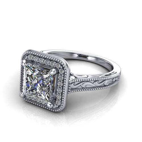 Octavia princess vintage halo engagement ring in Platinum, three-quarter perspective showing the princess center diamond in a milgrain halo above an engraved band