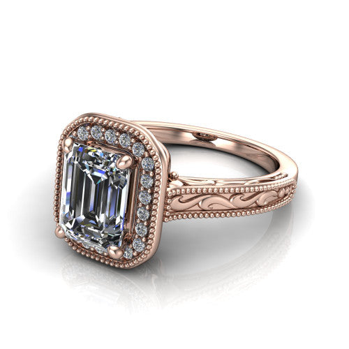 Octavia emerald vintage halo engagement ring in 14K Rose Gold, three-quarter perspective showing the emerald center diamond in a milgrain halo above an engraved band