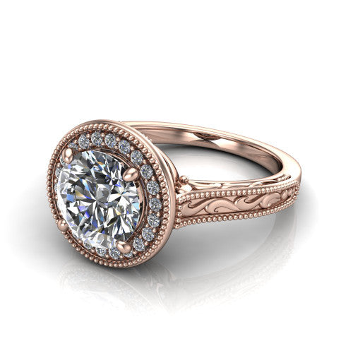 Octavia round vintage halo engagement ring in 14K Rose Gold, three-quarter perspective showing the round center diamond in a milgrain halo above an engraved band