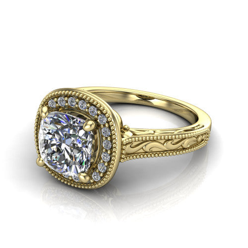 Octavia cushion vintage halo engagement ring in 14K Yellow Gold, three-quarter perspective showing the cushion center diamond in a milgrain halo above an engraved band