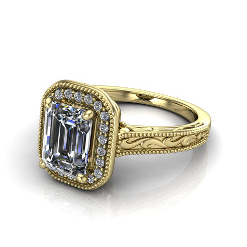 Octavia emerald vintage halo engagement ring in 14K Yellow Gold, three-quarter perspective showing the emerald center diamond in a milgrain halo above an engraved band