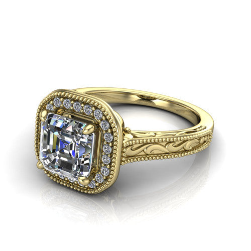 Octavia square emerald vintage halo engagement ring in 18K Yellow Gold, three-quarter perspective showing the square emerald center diamond in a milgrain halo above an engraved band