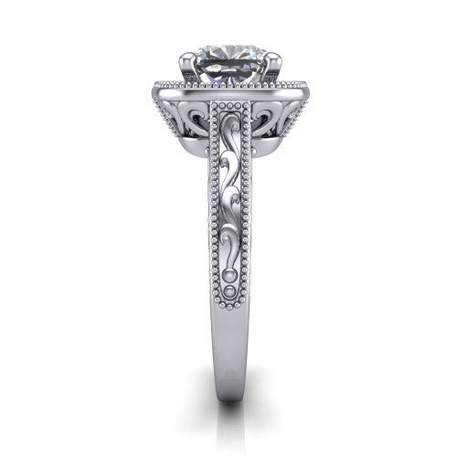 Octavia cushion vintage halo engagement ring in Platinum, side profile showing the hand-engraved filigree band