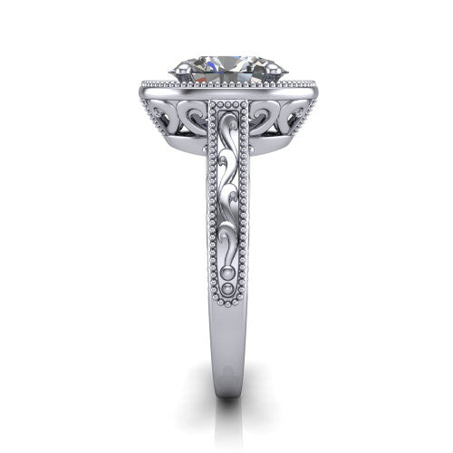 Octavia oval vintage halo engagement ring in 14K White Gold, side profile showing the hand-engraved filigree band