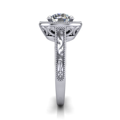 Octavia round vintage halo engagement ring in 18K White Gold, side profile showing the hand-engraved filigree band