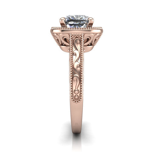 Octavia cushion vintage halo engagement ring in 14K Rose Gold, through-finger front profile showing the filigree scrollwork gallery