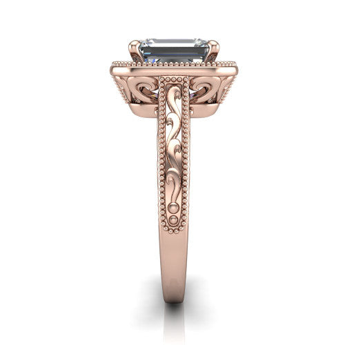 Octavia emerald vintage halo engagement ring in 18K Rose Gold, side profile showing the hand-engraved filigree band