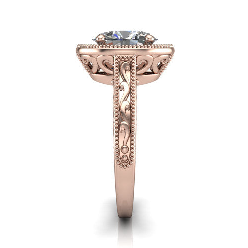 Octavia oval vintage halo engagement ring in 14K Rose Gold, side profile showing the hand-engraved filigree band