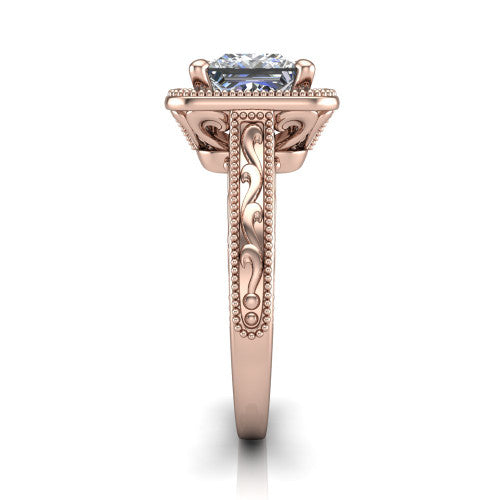 Octavia princess vintage halo engagement ring in 14K Rose Gold, side profile showing the hand-engraved filigree band