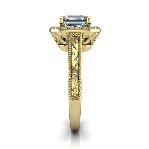 Octavia square emerald vintage halo engagement ring in 18K Yellow Gold, side profile showing the hand-engraved filigree band
