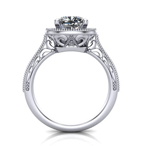 Octavia cushion vintage halo engagement ring in 18K White Gold, through-finger front profile showing the filigree scrollwork gallery