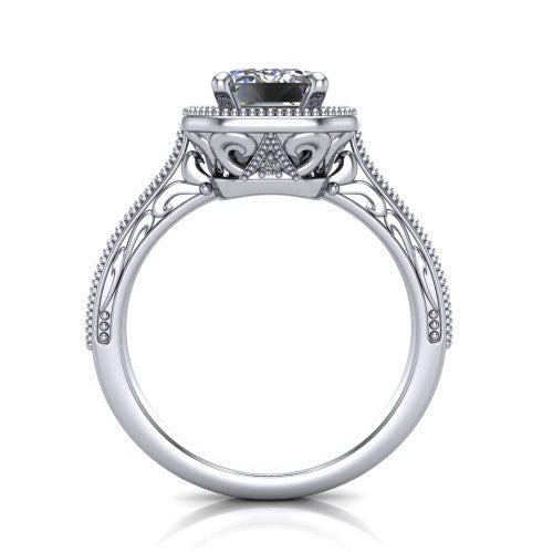 Octavia emerald vintage halo engagement ring in 18K White Gold, through-finger front profile showing the filigree scrollwork gallery
