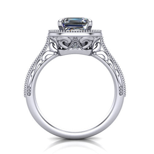 Octavia square emerald vintage halo engagement ring in Platinum, through-finger front profile showing the filigree scrollwork gallery